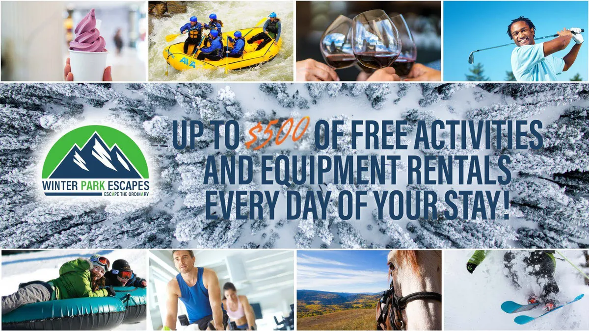A collage-style exterior image featuring people white-water rafting, skiing, golfing, horseback riding, enjoying ice cream, and wine tasting. The combination of activities in different environments reinforces the diversity of experiences available throughout the seasons.