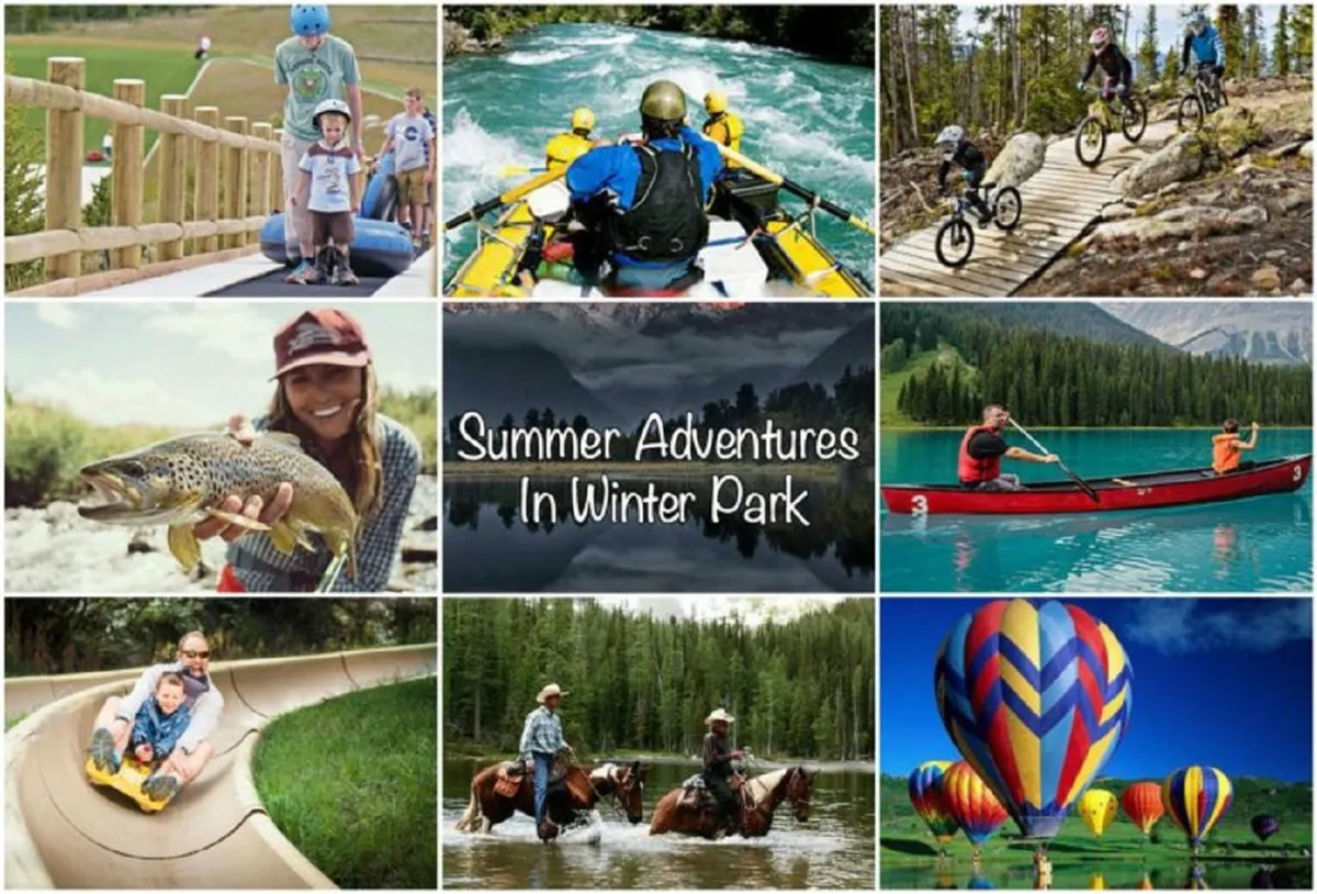 A vibrant outdoor scene showcasing families and groups enjoying a variety of adventures, including rafting, biking, fishing, boating, horseback riding, water sliding, and colorful hot air ballooning. The landscape is scenic, lively, and filled with energy, capturing both water- and land-based summer activities.