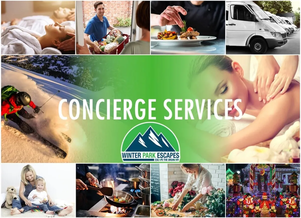 A collage-style image displaying various concierge services and experiences available to guests, ranging from skiing and spa treatments to gourmet food delivery and family activities. The image exudes a sense of luxury and exclusive access.