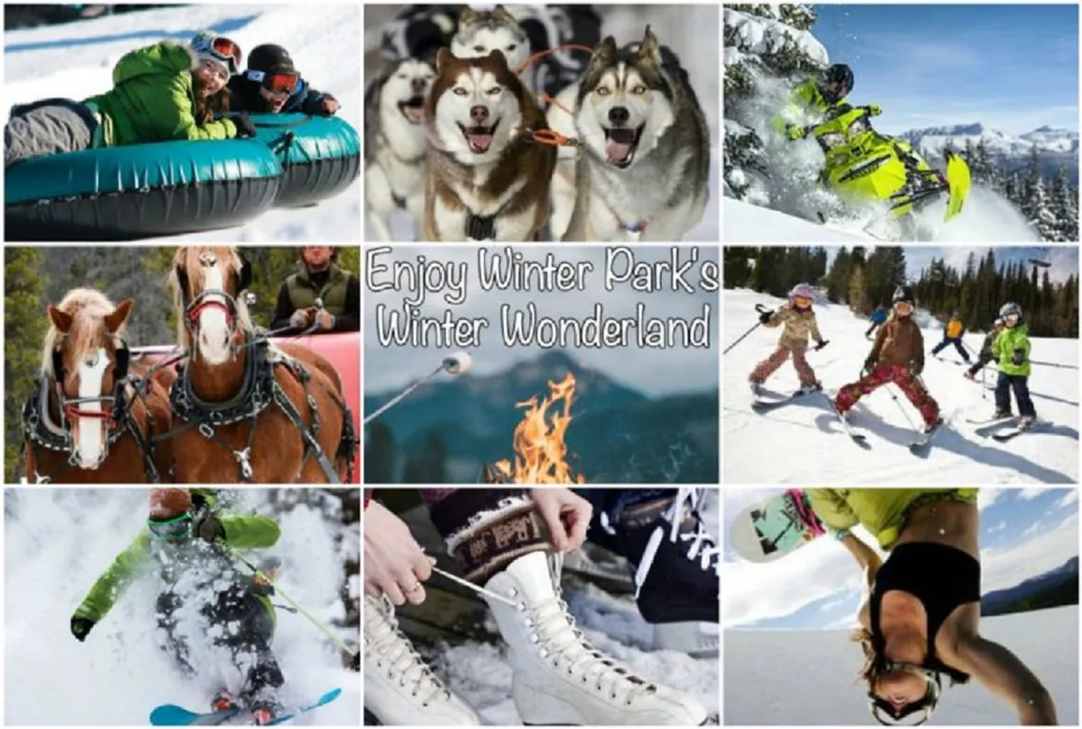 A vibrant winter scene featuring people tubing down a snowy hill, huskies pulling a sled, snowboarders performing tricks, children skiing, a group of friends enjoying various snow activities, and a cozy fire pit with marshmallows. The mood is joyful and adventurous, highlighting both high-energy group activities and peaceful moments.
